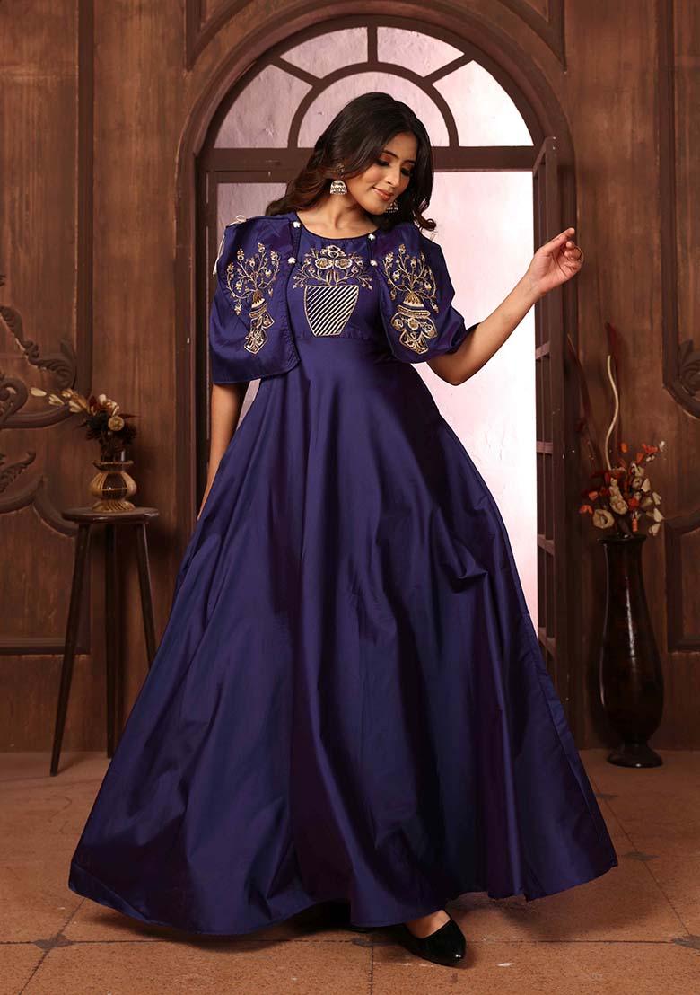 Blue Embroidered Silk Gown