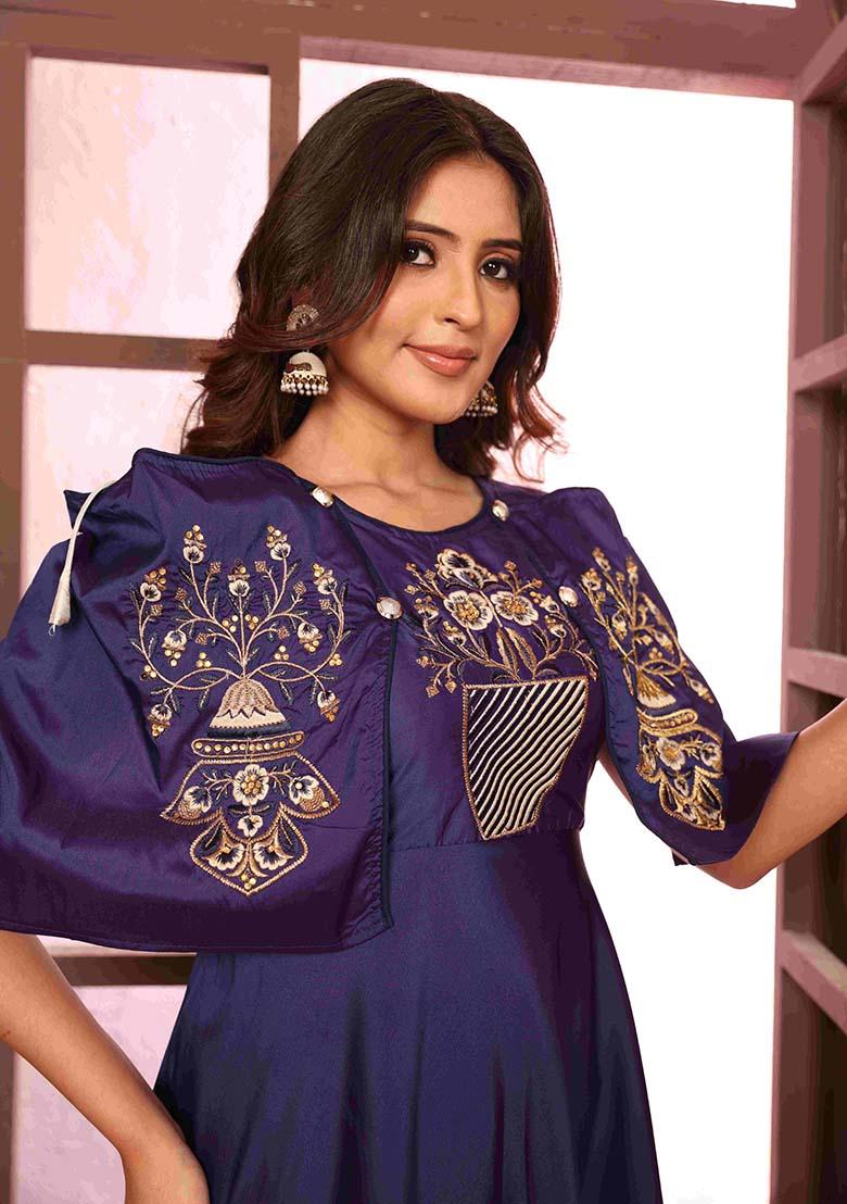 Blue Embroidered Silk Gown