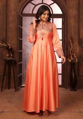 Peach Embroidered Silk Gown