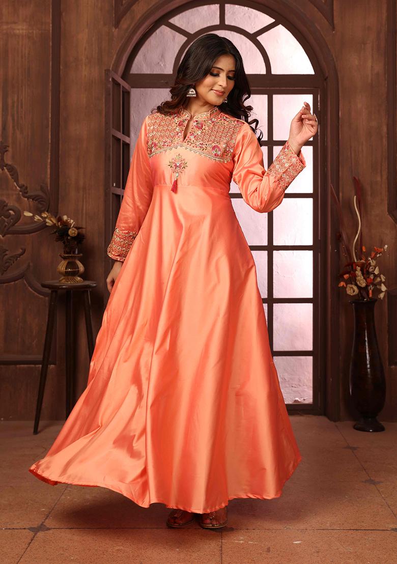Peach Embroidered Silk Gown