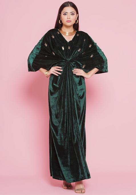 Green Embroidered velvet Dress