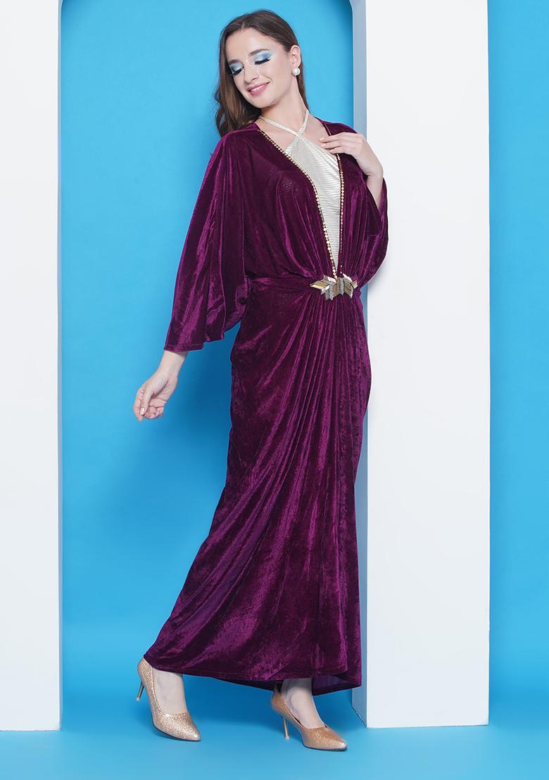 Wine Embroidered Valvet Dress