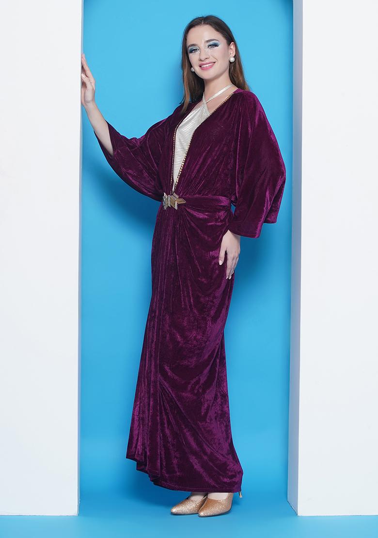 Wine Embroidered Valvet Dress