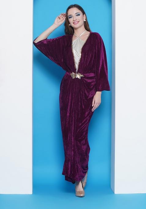 Wine Embroidered velvet Dress