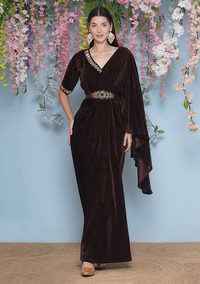 Brown Embroidered velvet Dress - Indya
