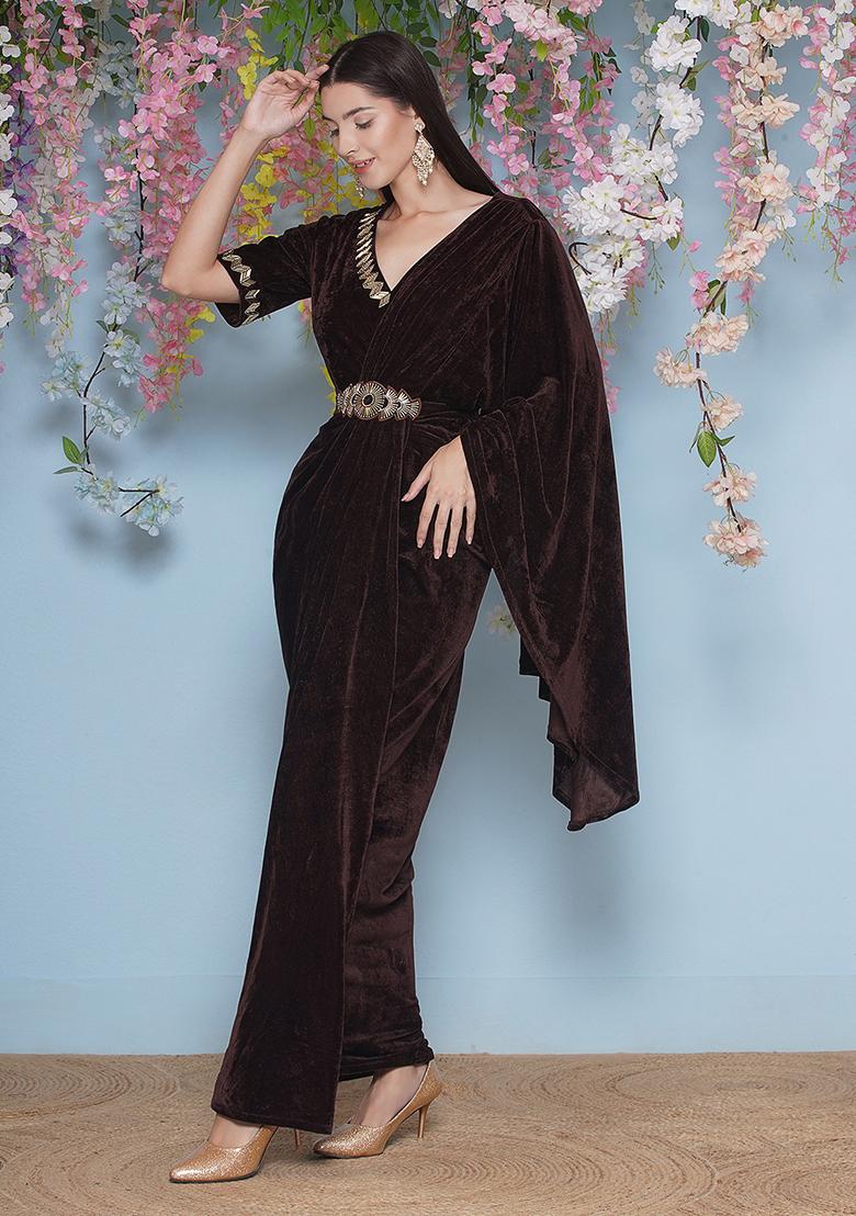 Brown Embroidered Valvet Dress