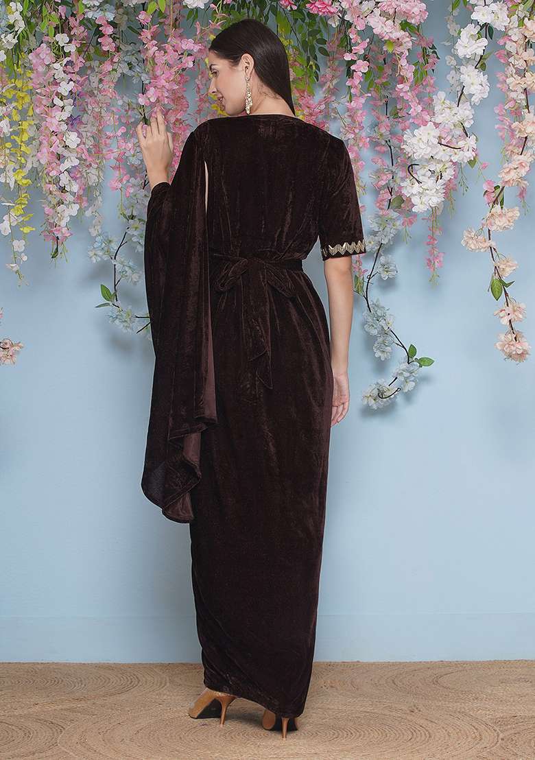 Brown Embroidered velvet Dress - Indya