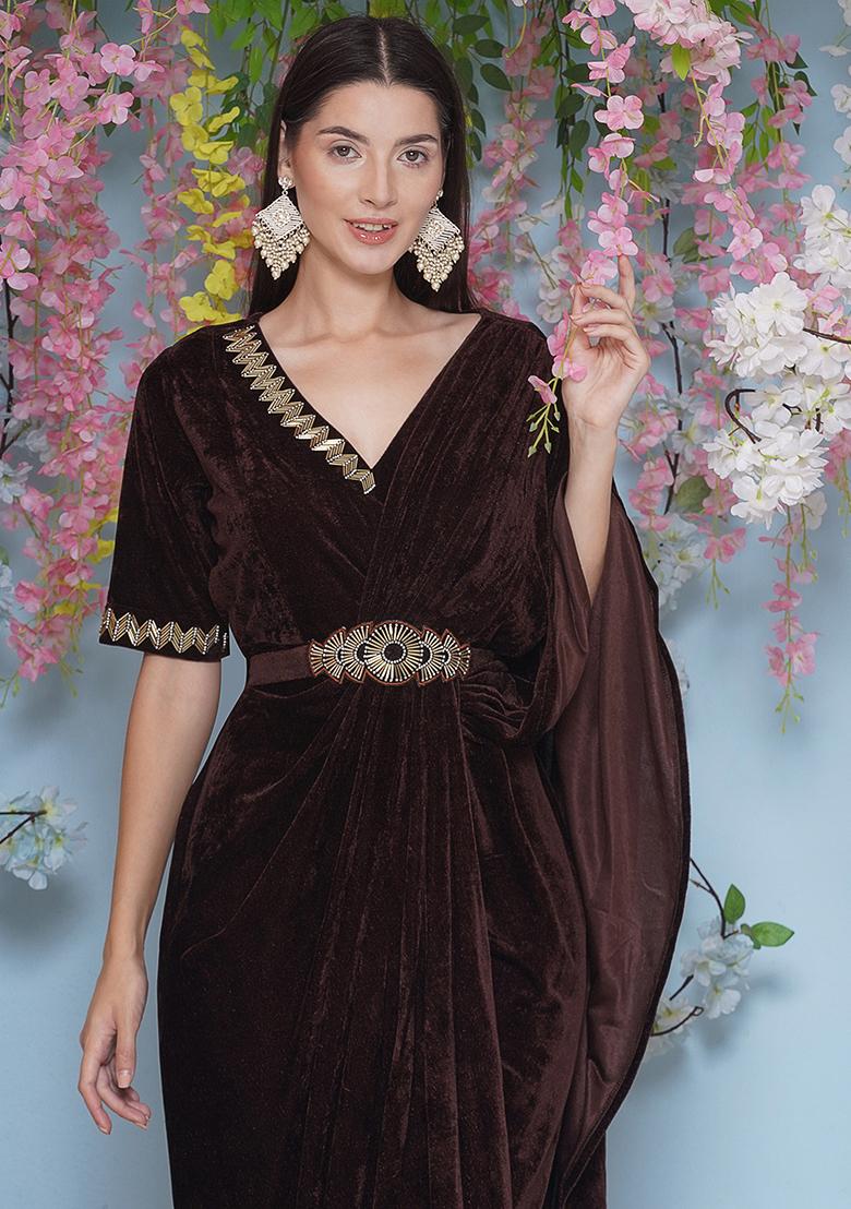 Brown Embroidered Valvet Dress