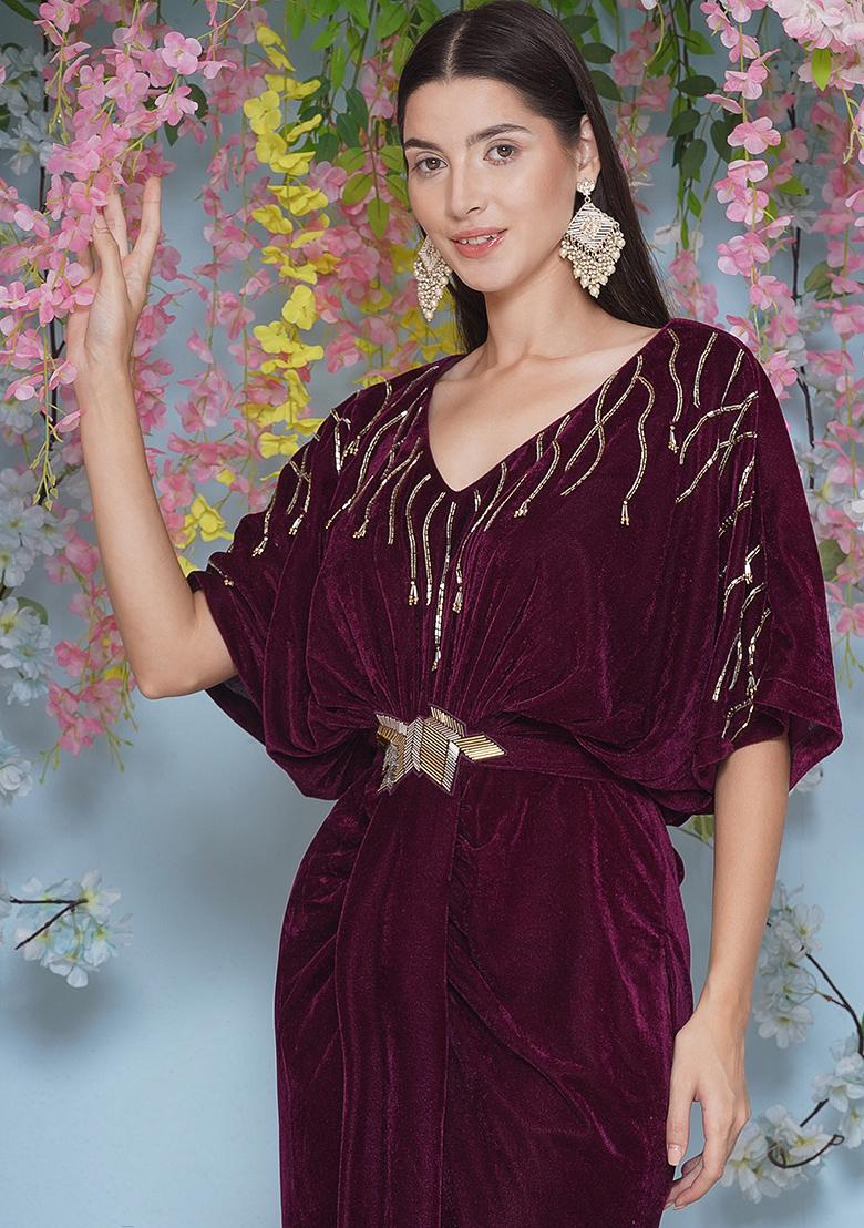 Wine Embroidered Valvet Dress