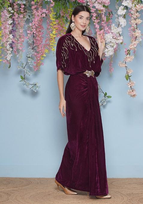 Wine Embroidered velvet Dress