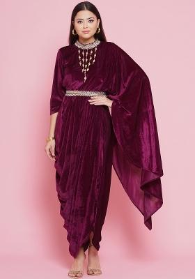 Wine Embroidered Valvet Dress