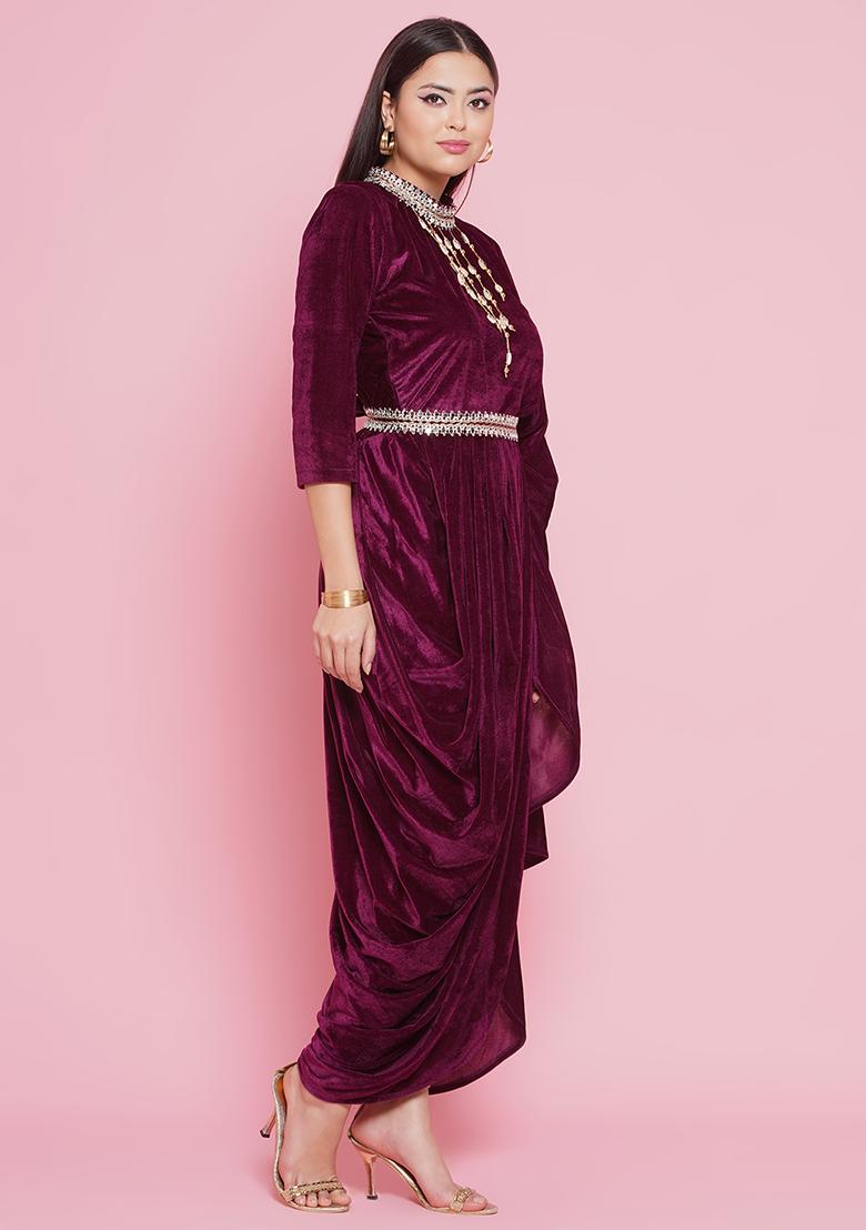 Wine Embroidered Valvet Dress