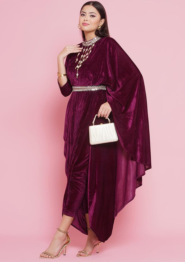 Wine Embroidered Valvet Dress