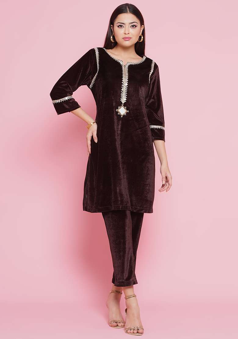 Brown Embroidered velvet Dress - Indya