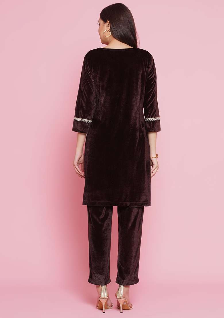 Brown Embroidered velvet Dress - Indya