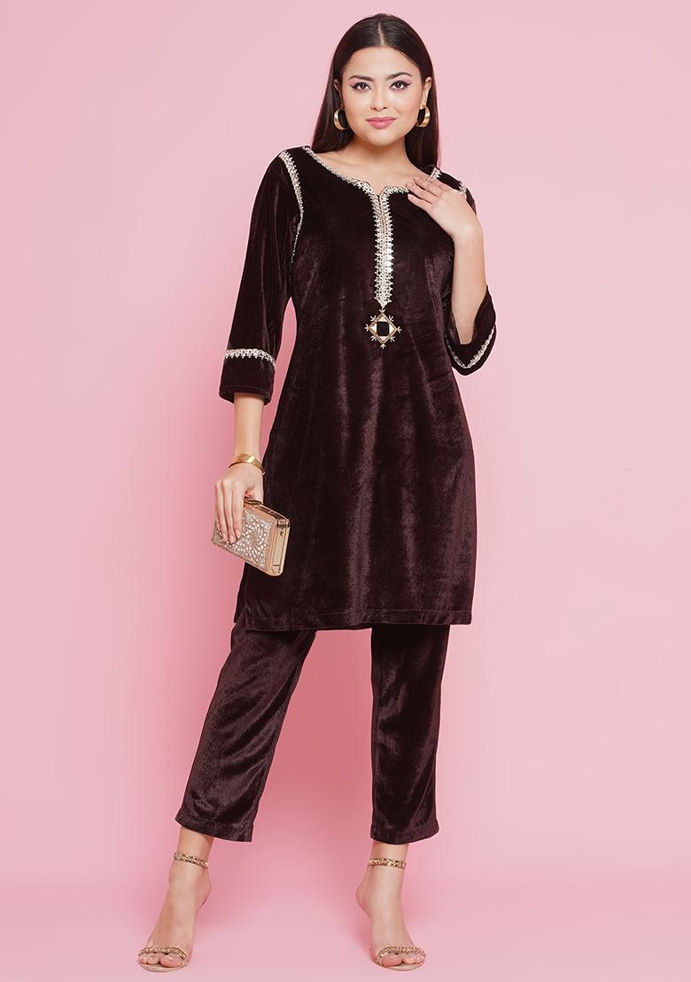 Brown Embroidered Valvet Dress