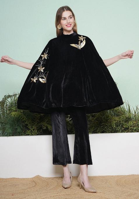 Black Embroidered velvet Dress