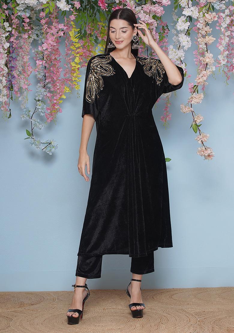 Black Embroidered Valvet Dress
