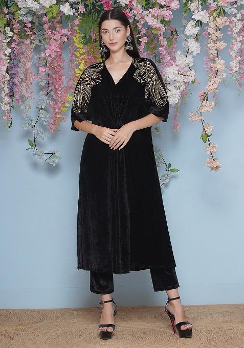 Black Embroidered velvet Dress