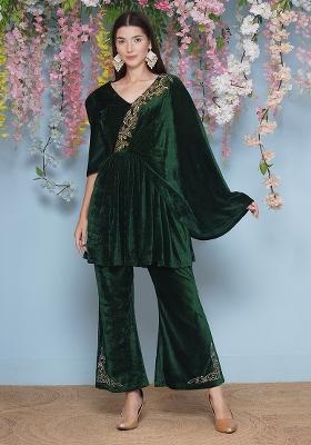 Green Embroidered Valvet Dress