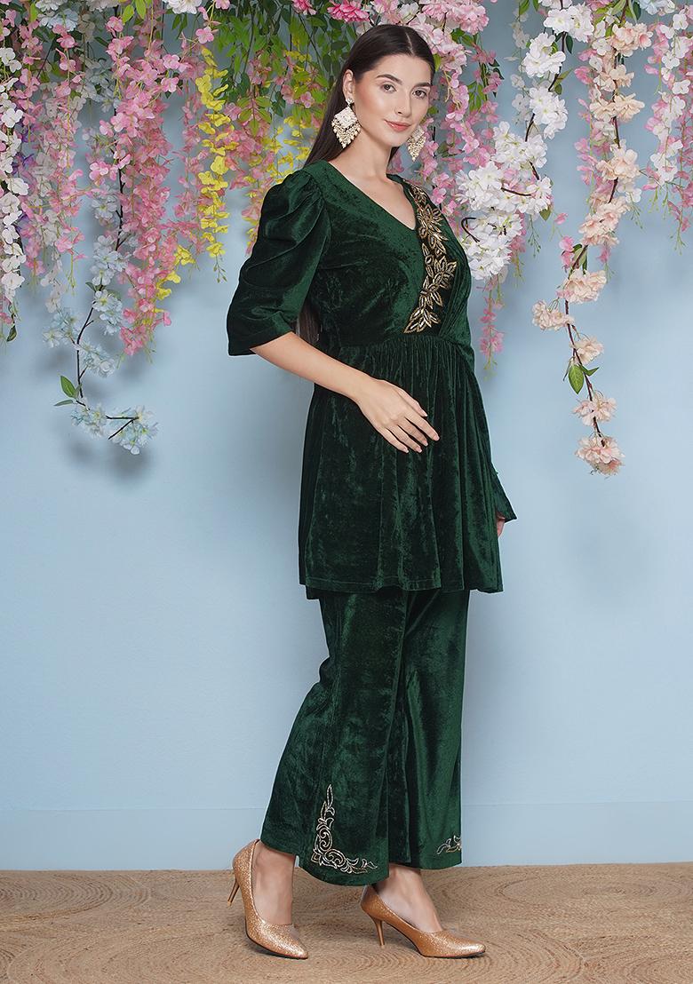 Green Embroidered Valvet Dress
