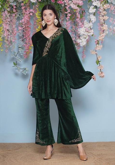Green Embroidered velvet Dress
