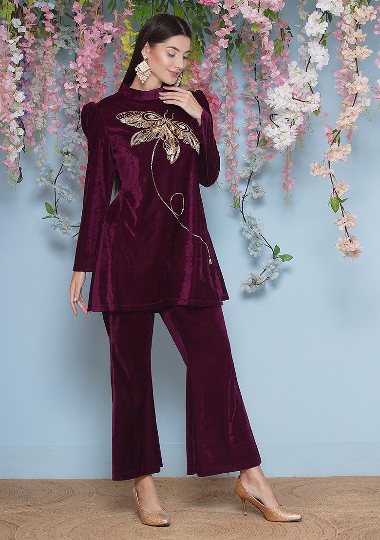 Wine Embroidered Valvet Dress