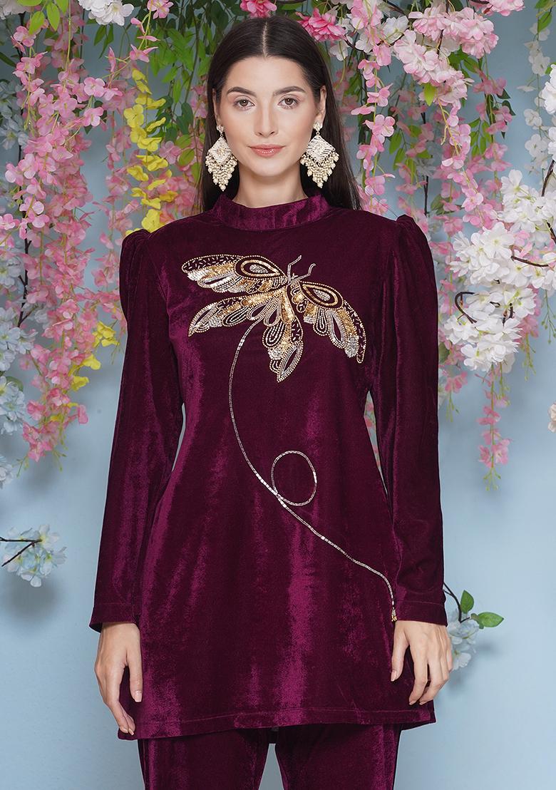 Wine Embroidered Valvet Dress