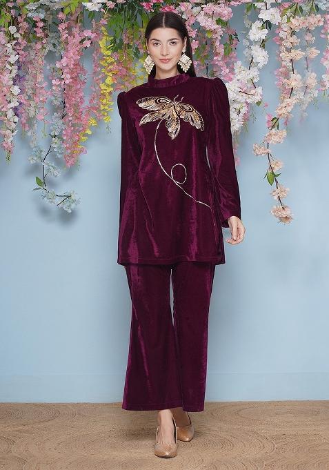 Wine Embroidered velvet Dress
