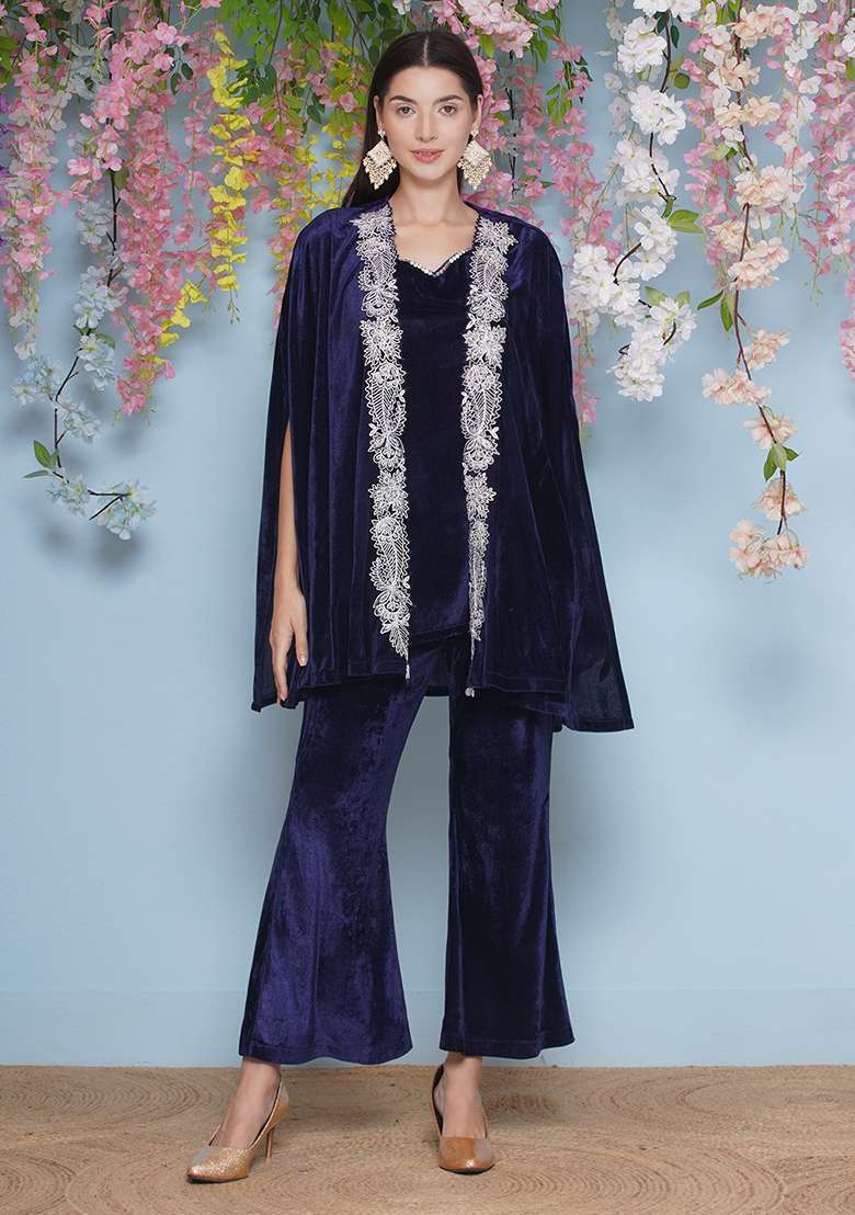 Navy Blue Embroidered velvet Dress - Indya