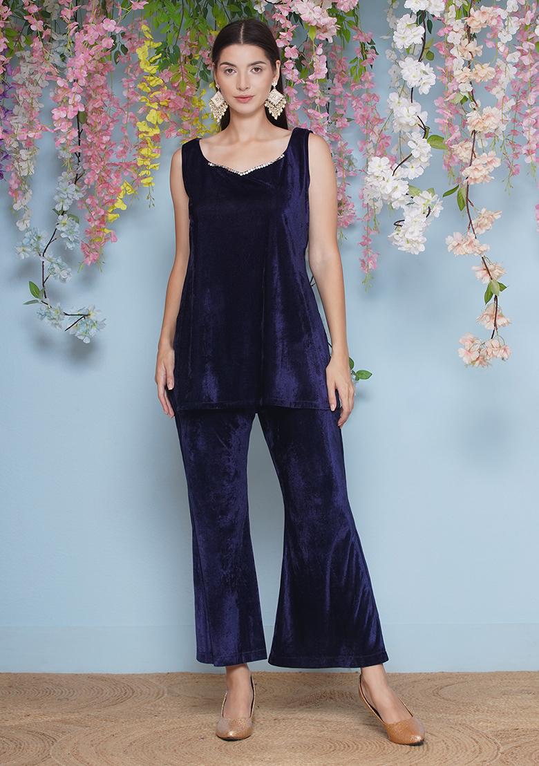 Navy Blue Embroidered Valvet Dress