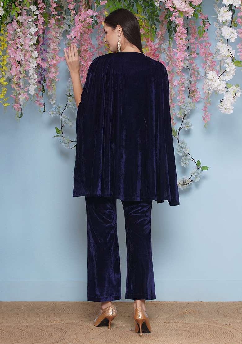 Navy Blue Embroidered velvet Dress - Indya