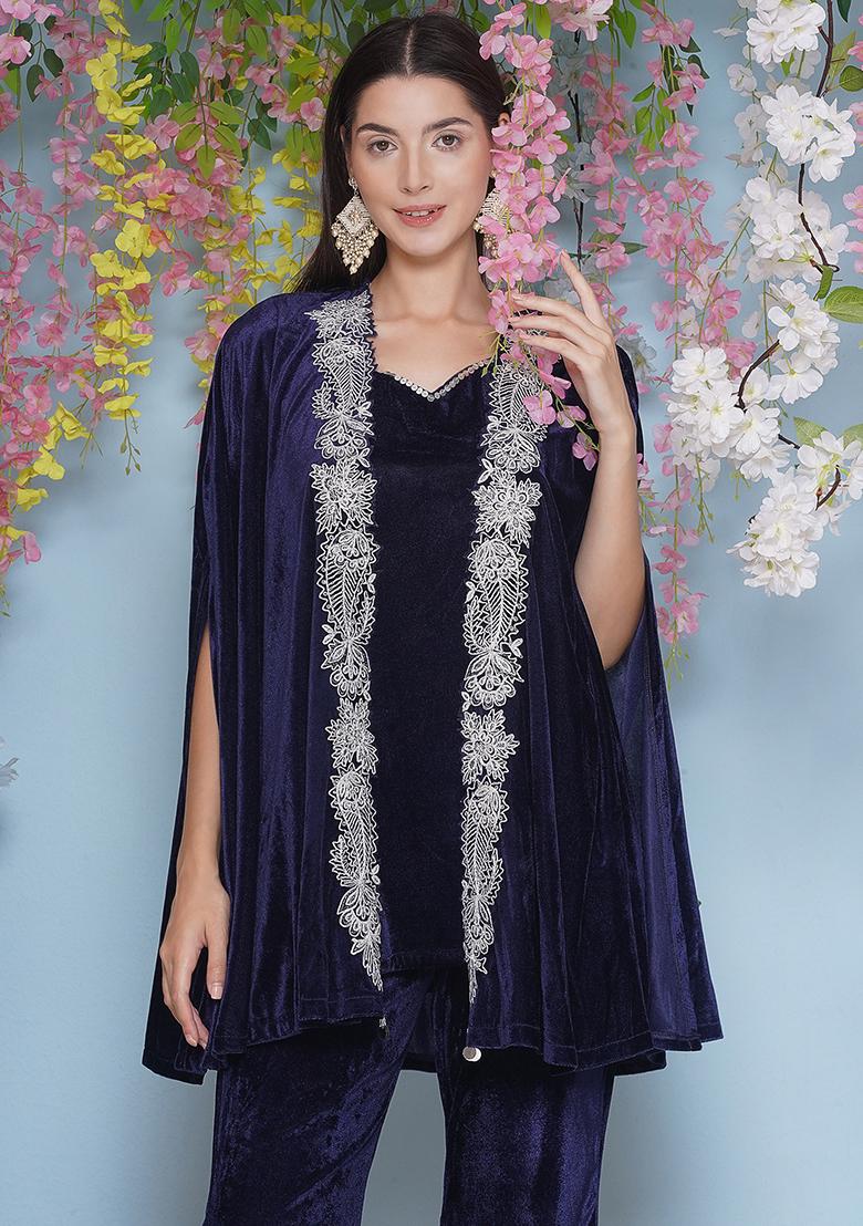 Navy Blue Embroidered Valvet Dress