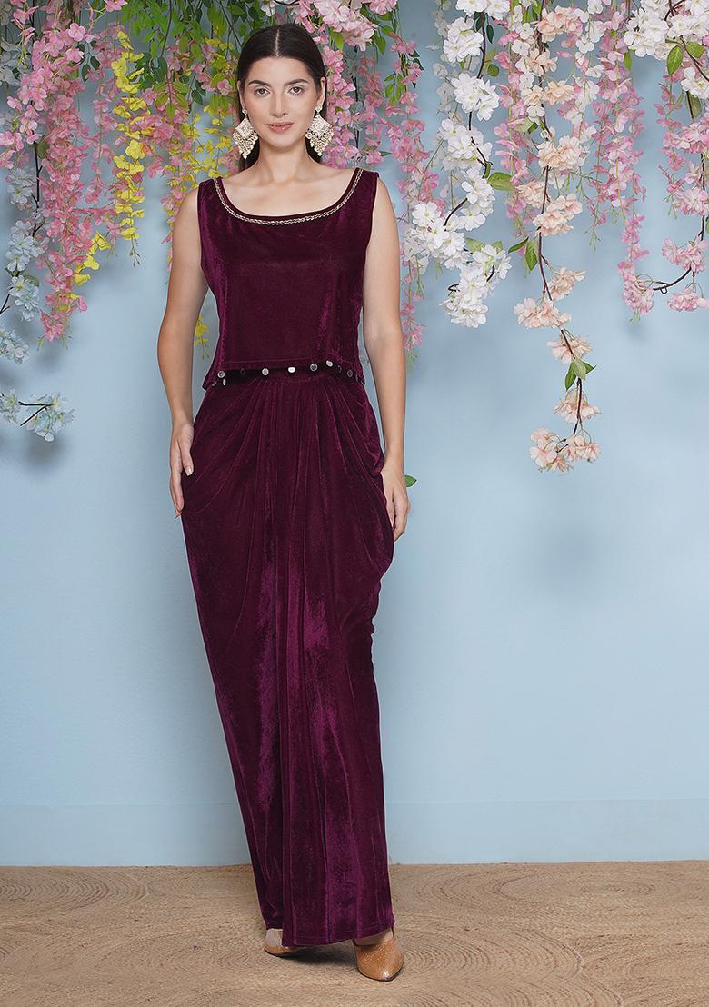 Wine Embroidered Valvet Dress