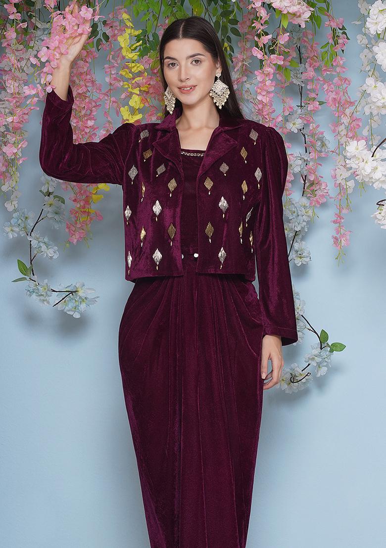 Wine Embroidered Valvet Dress