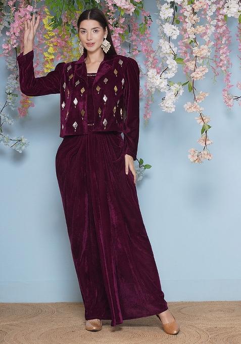 Wine Embroidered velvet Dress
