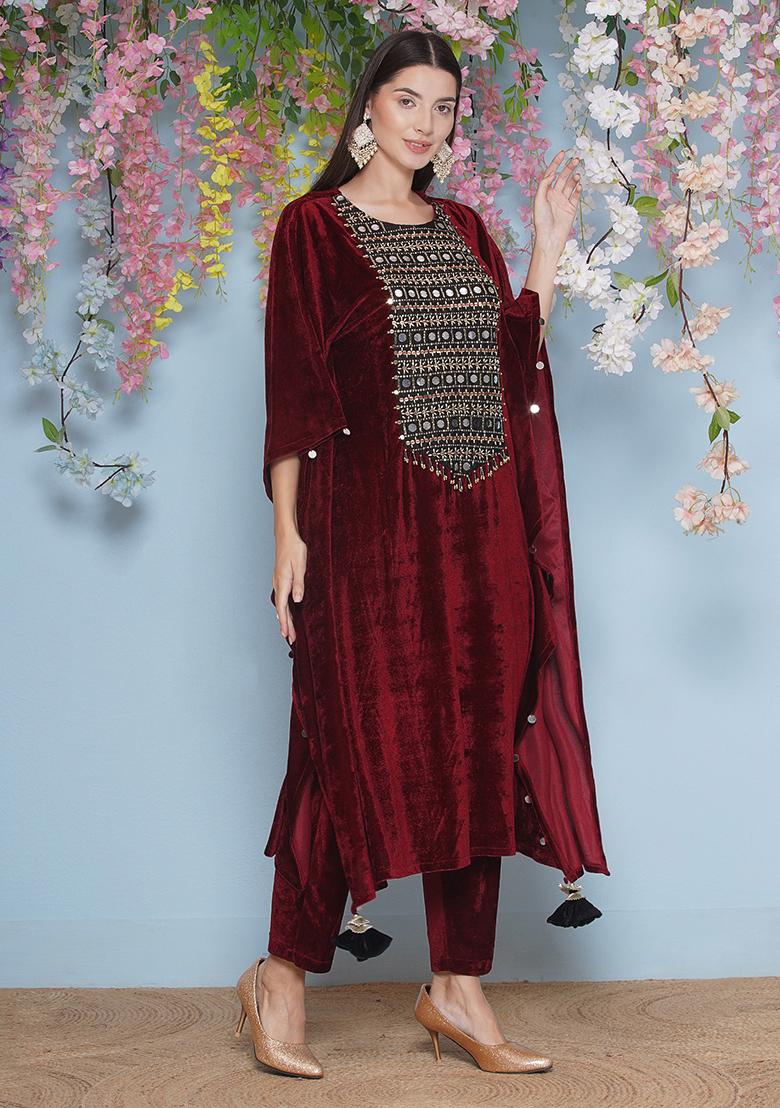 Maroon Embroidered Valvet Dress