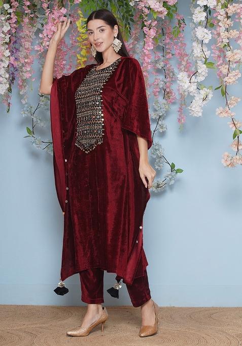 Maroon Embroidered velvet Dress