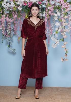 Maroon Embroidered Valvet Dress