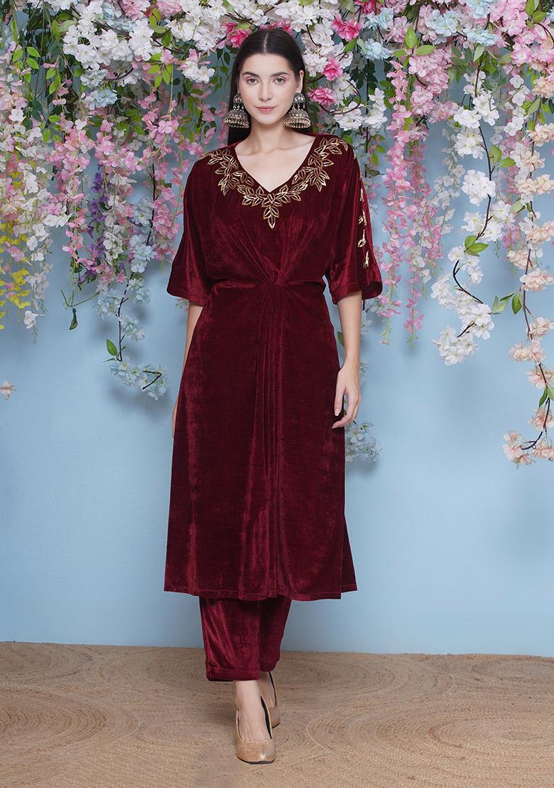 Maroon Embroidered Valvet Dress