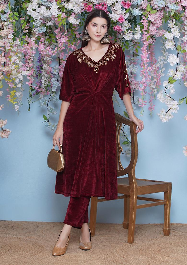 Maroon Embroidered Valvet Dress
