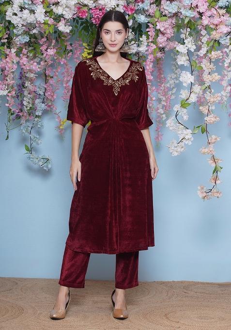 Maroon Embroidered velvet Dress