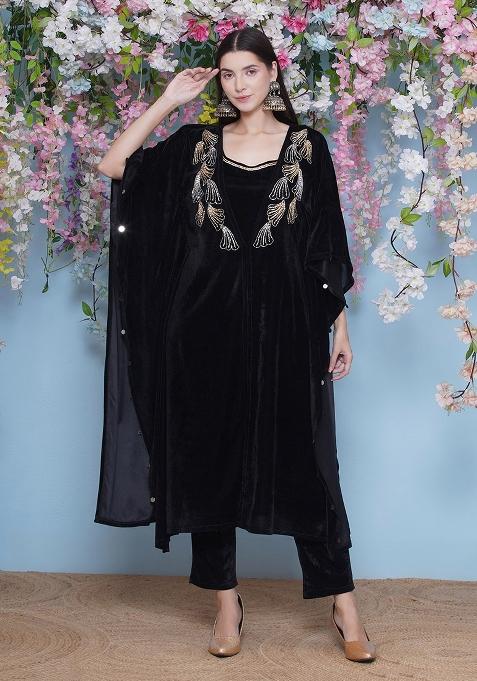 Black Embroidered velvet Dress