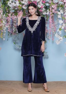 Navy Blue Embroidered velvet Dress