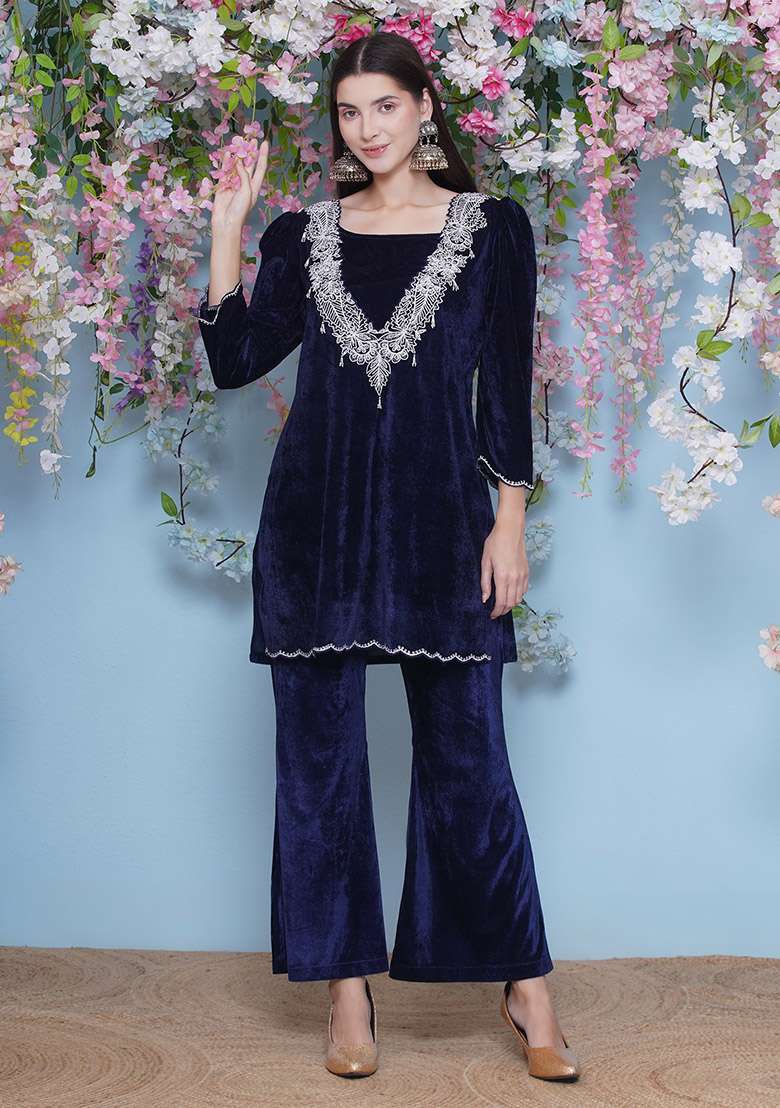 Navy Blue Embroidered velvet Dress - Indya