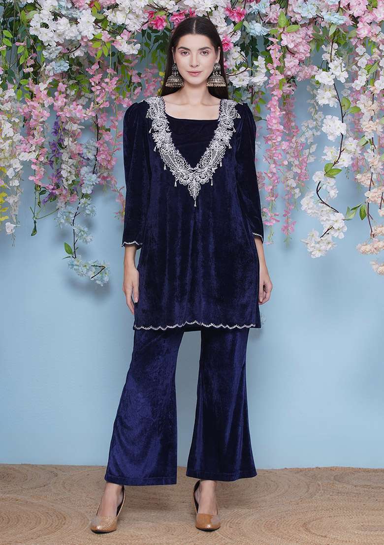 Navy Blue Embroidered velvet Dress - Indya