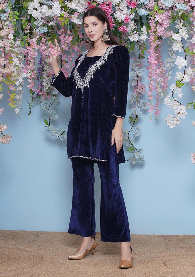 Navy Blue Embroidered Valvet Dress