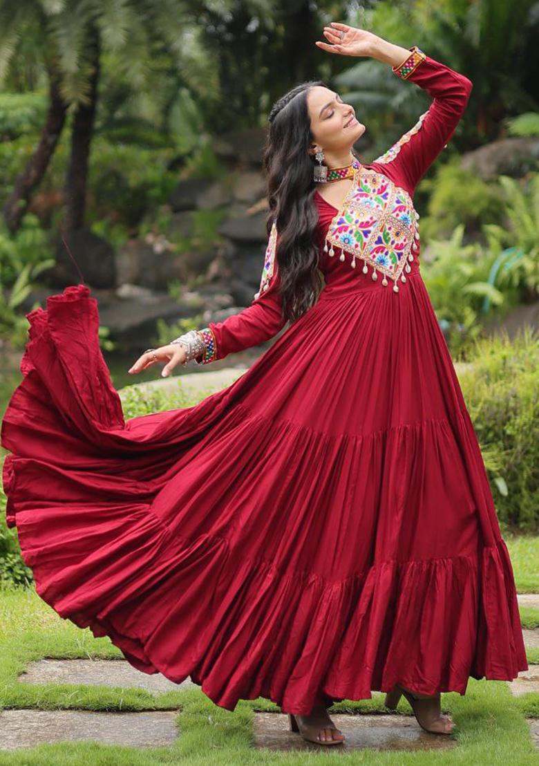 Maroon Embroidered Rayon Gown