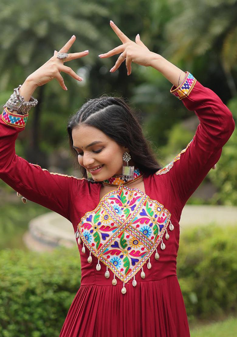 Maroon Embroidered Rayon Gown