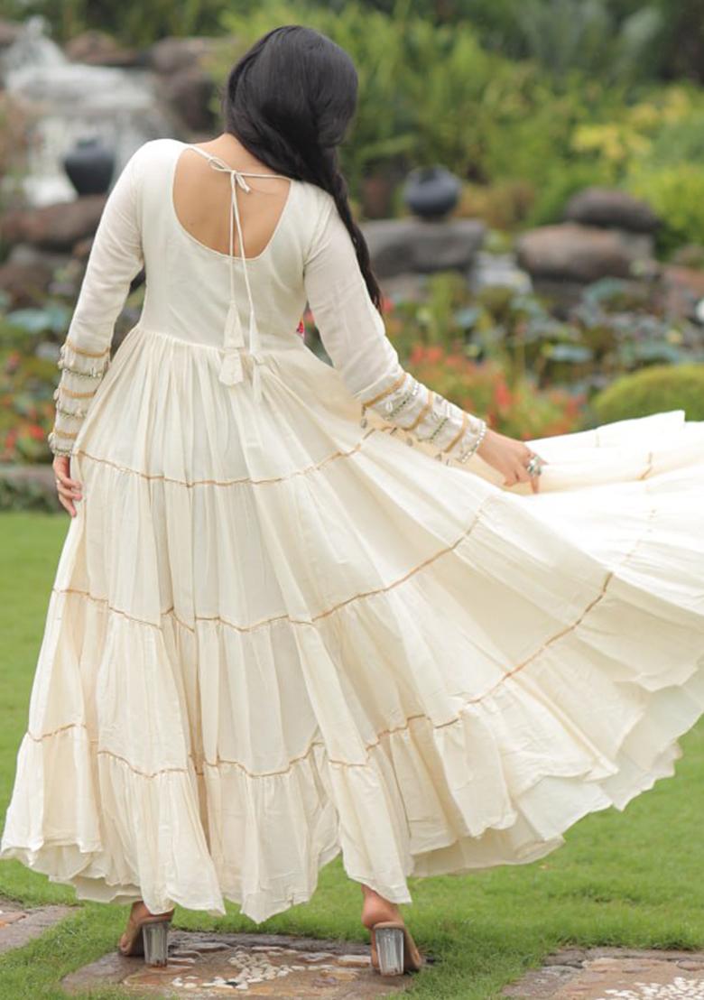 White Thread Work Cotton Gown